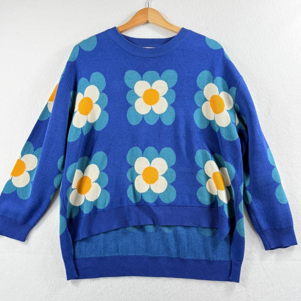 Compania Fantastica Flower Sweater Womens Large Blue Retro Floral Mod Pop Art